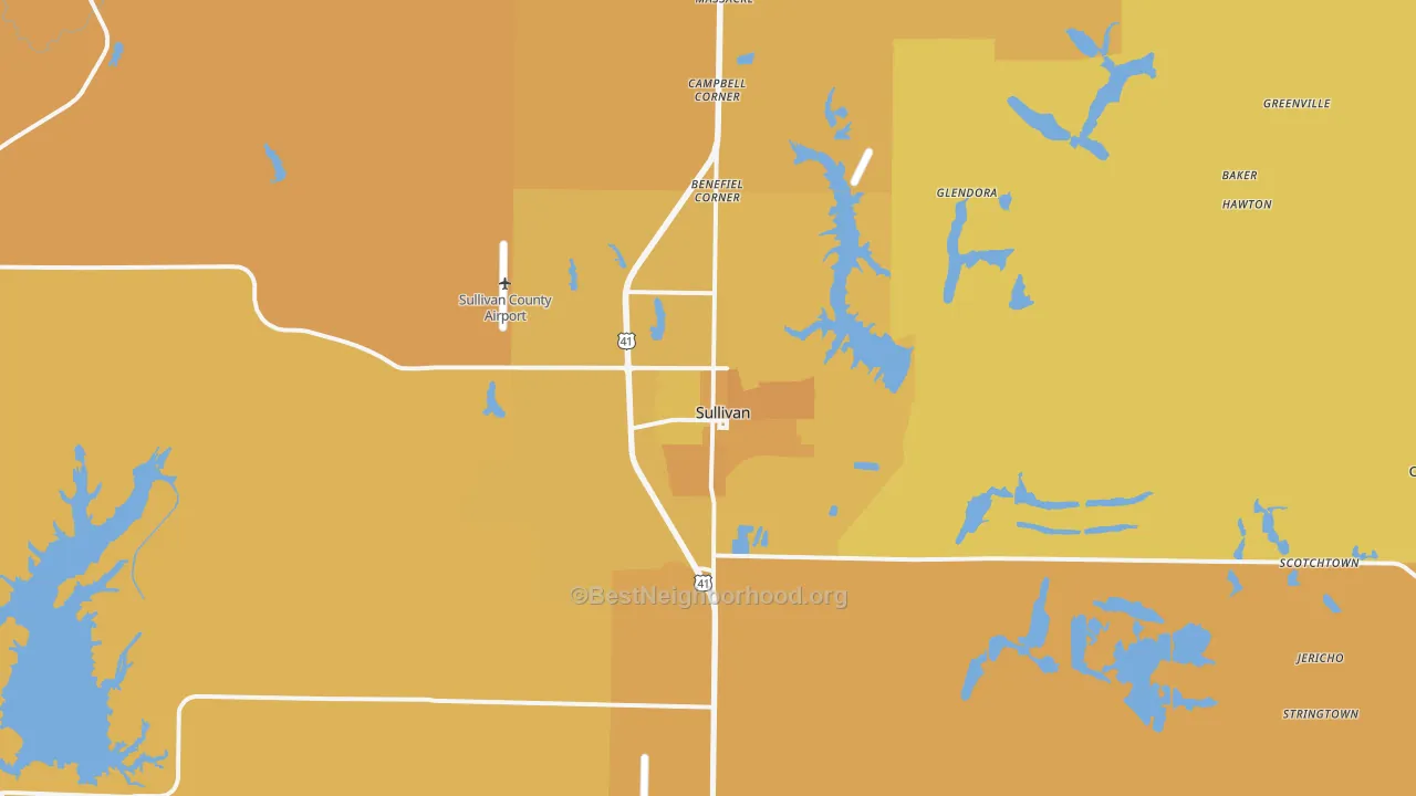 Map of the best neighborhoods in the 47882 area, with better matches in green and worse matches in red