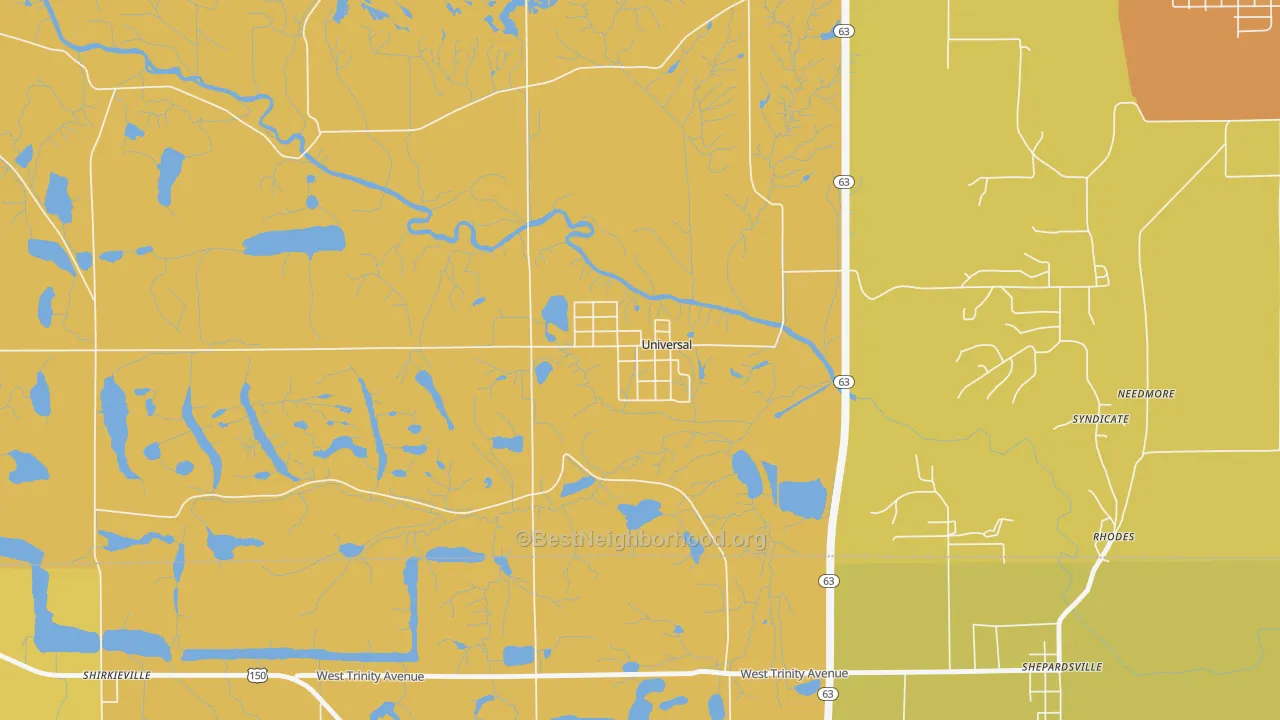 Map of the best neighborhoods in the 47884 area, with better matches in green and worse matches in red