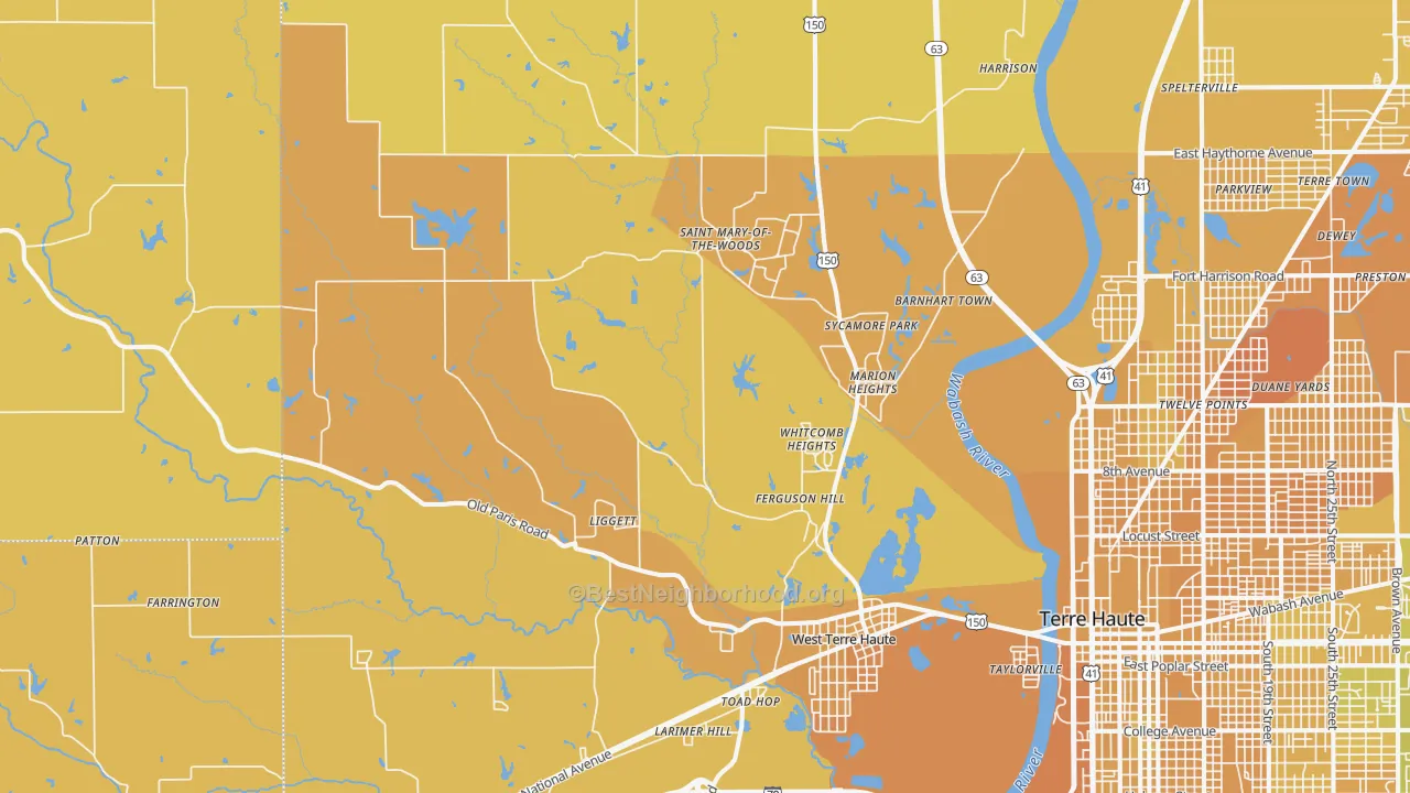 Map of the best neighborhoods in the 47885 area, with better matches in green and worse matches in red