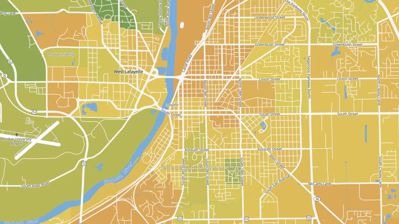 Map of the best neighborhoods in the 47901 area, with better matches in green and worse matches in red