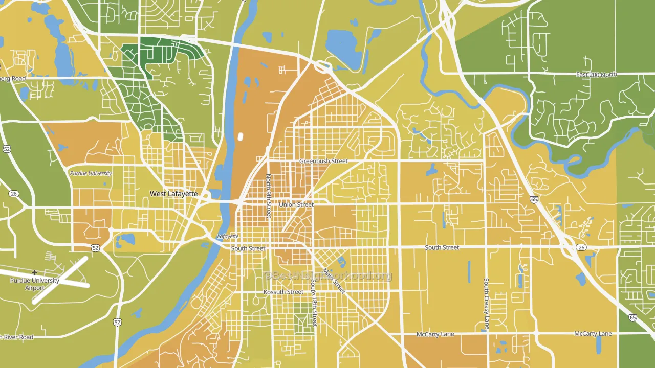 Map of the best neighborhoods in the 47904 area, with better matches in green and worse matches in red