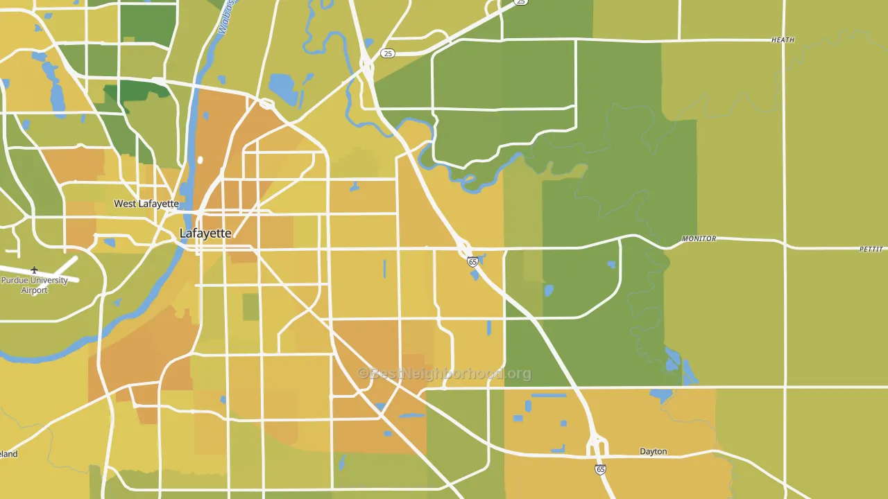 Map of the best neighborhoods in the 47905 area, with better matches in green and worse matches in red
