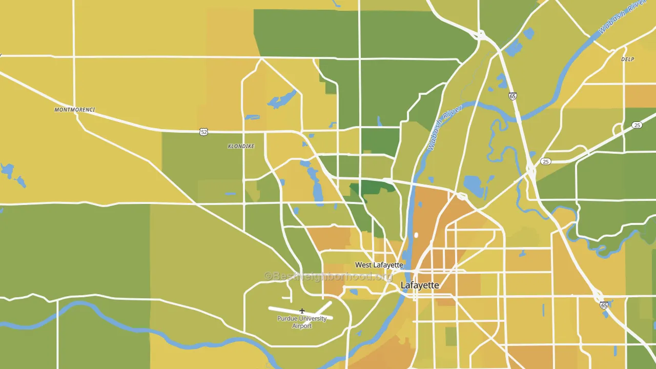 Map of the best neighborhoods in the 47906 area, with better matches in green and worse matches in red