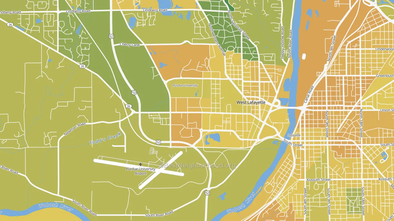 Map of the best neighborhoods in the 47907 area, with better matches in green and worse matches in red
