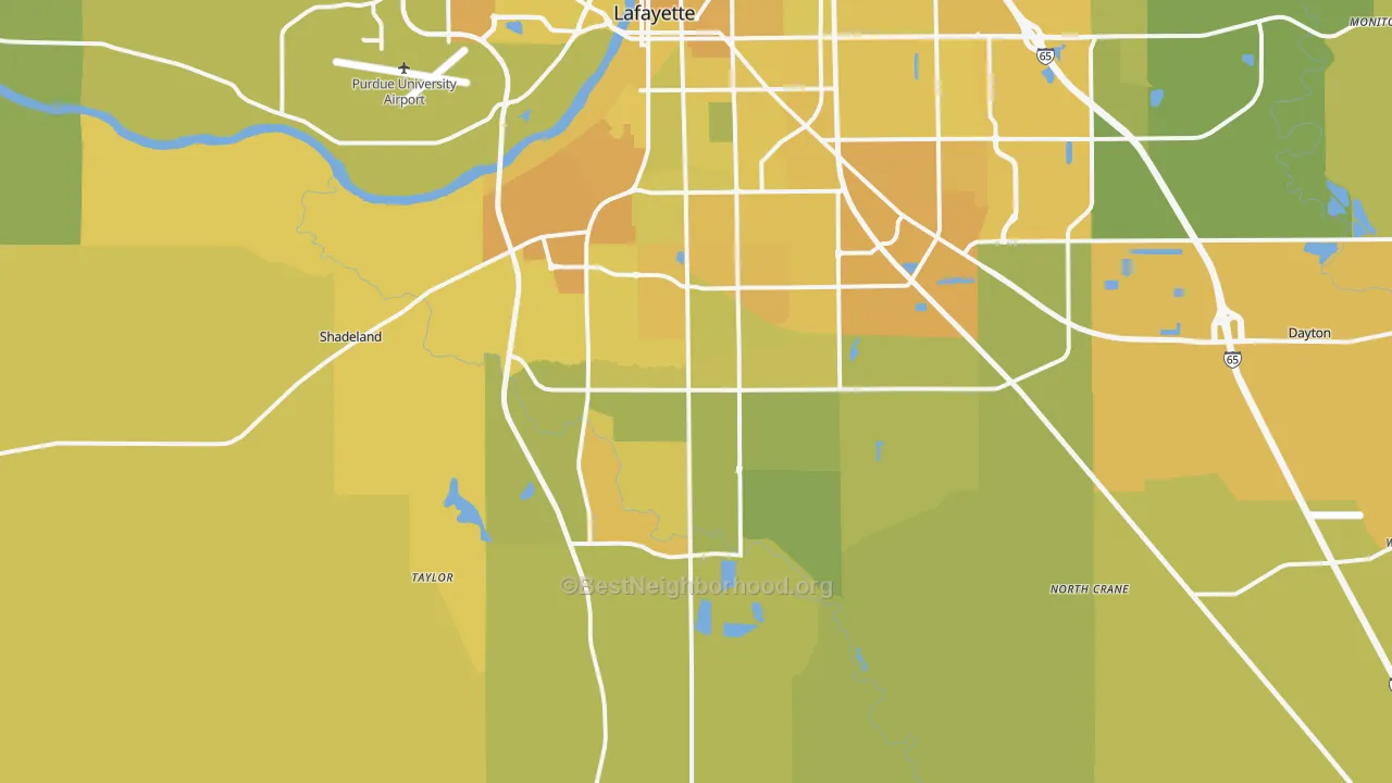 Map of the best neighborhoods in the 47909 area, with better matches in green and worse matches in red