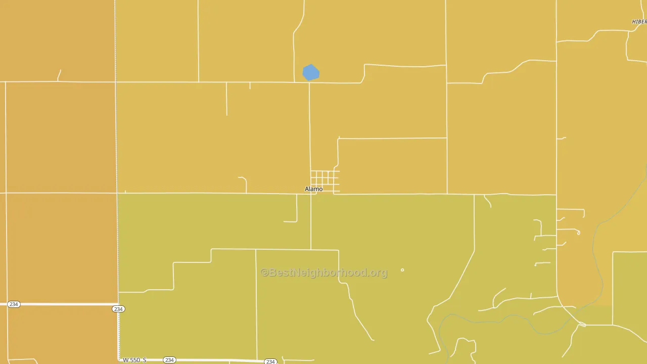 Map of the best neighborhoods in the 47916 area, with better matches in green and worse matches in red