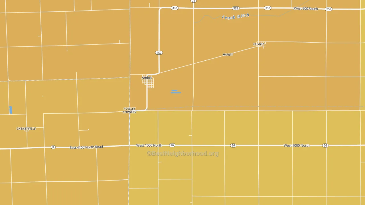 Map of the best neighborhoods in the 47917 area, with better matches in green and worse matches in red