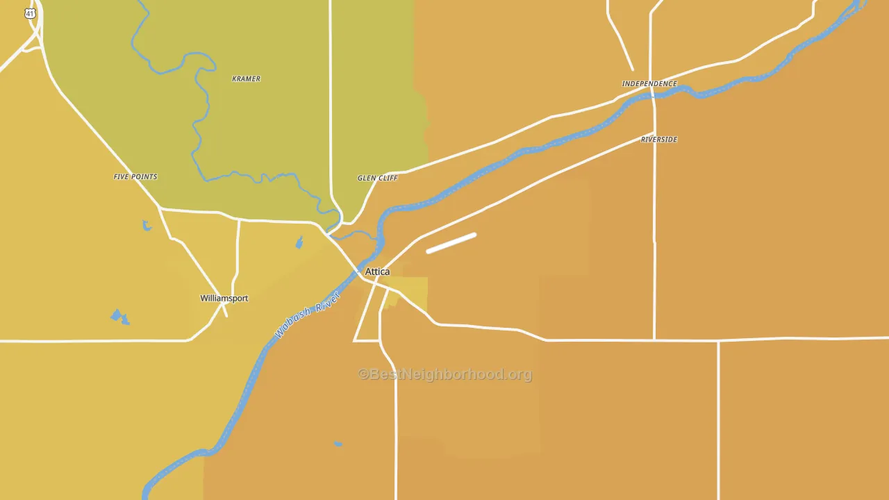Map of the best neighborhoods in the 47918 area, with better matches in green and worse matches in red