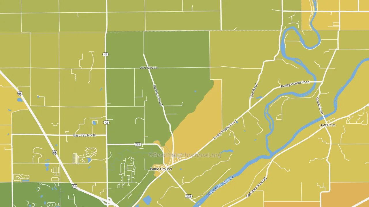 Map of the best neighborhoods in the 47920 area, with better matches in green and worse matches in red