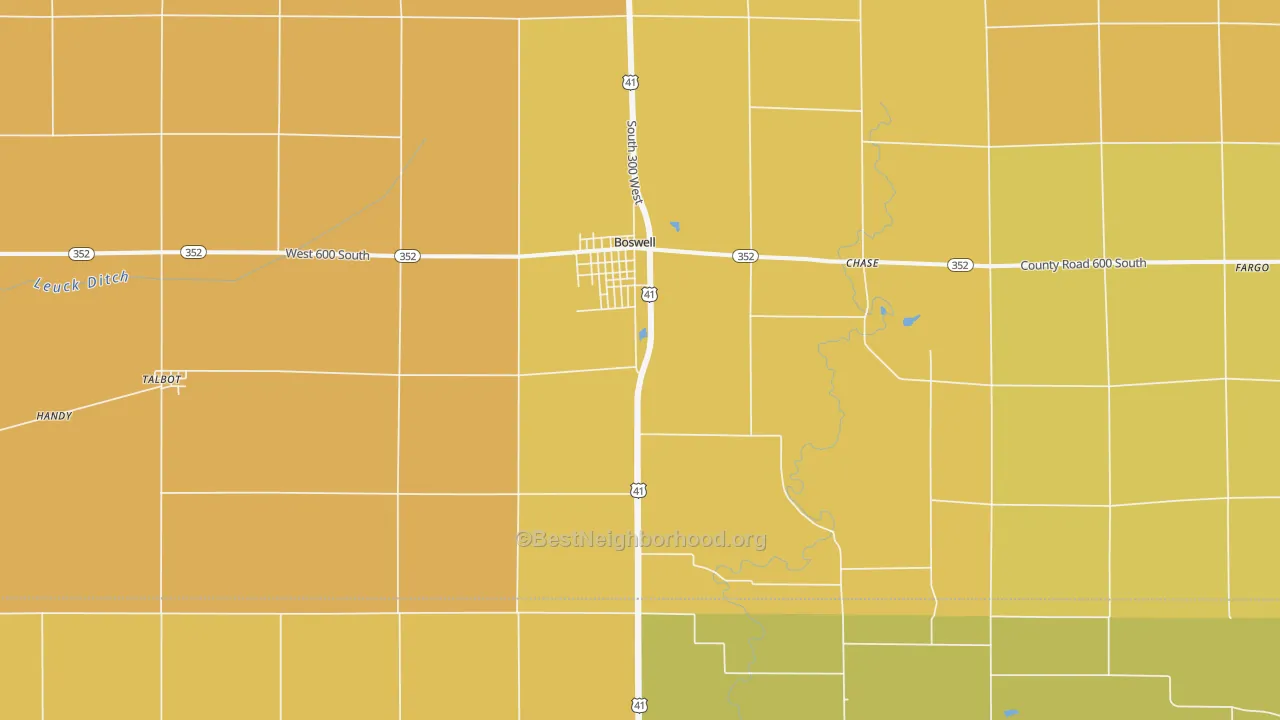 Map of the best neighborhoods in the 47921 area, with better matches in green and worse matches in red