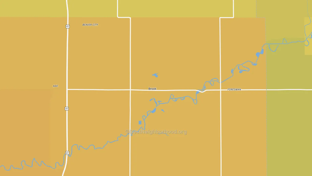Map of the best neighborhoods in the 47922 area, with better matches in green and worse matches in red