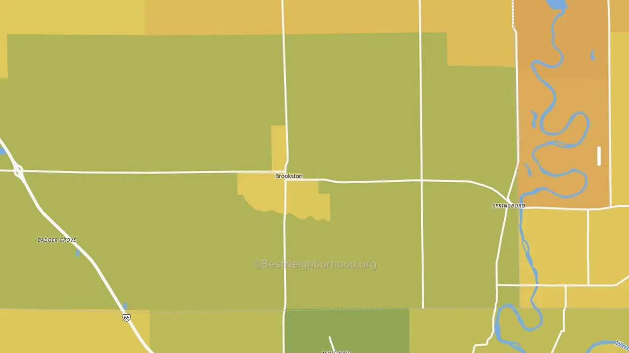 Map of the best neighborhoods in the 47923 area, with better matches in green and worse matches in red