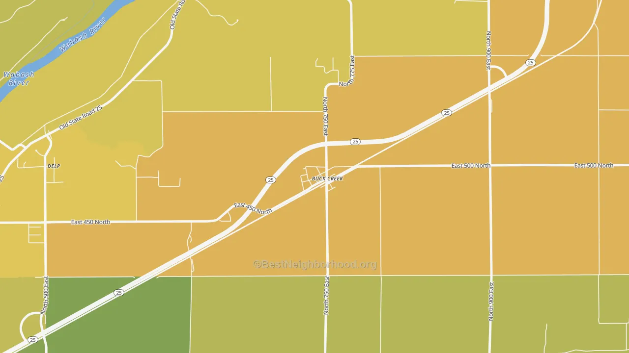 Map of the best neighborhoods in the 47924 area, with better matches in green and worse matches in red