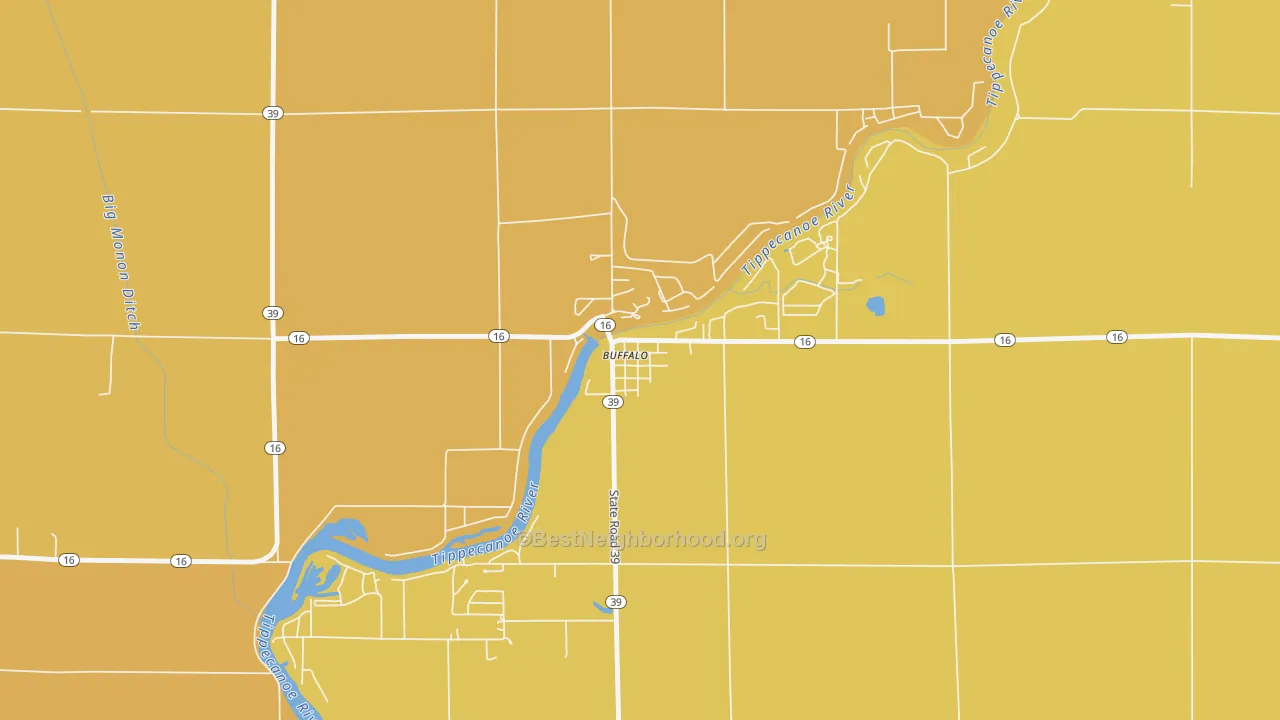 Map of the best neighborhoods in the 47925 area, with better matches in green and worse matches in red