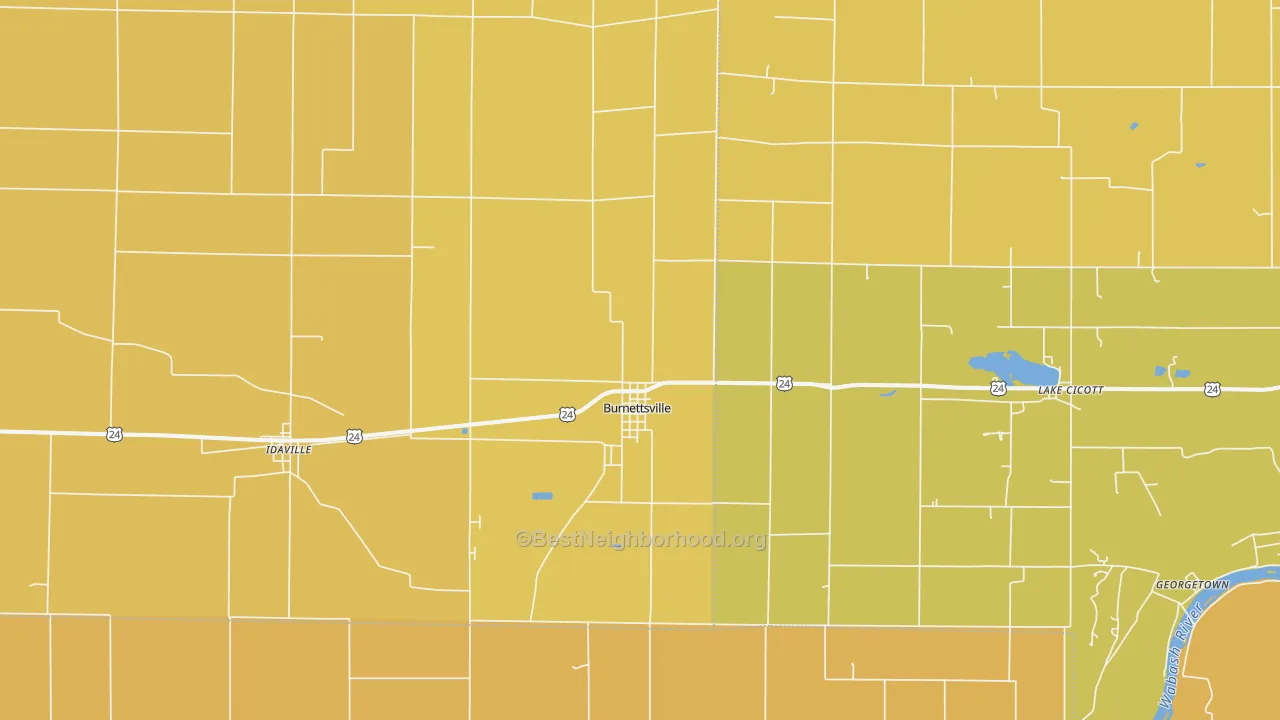Map of the best neighborhoods in the 47926 area, with better matches in green and worse matches in red