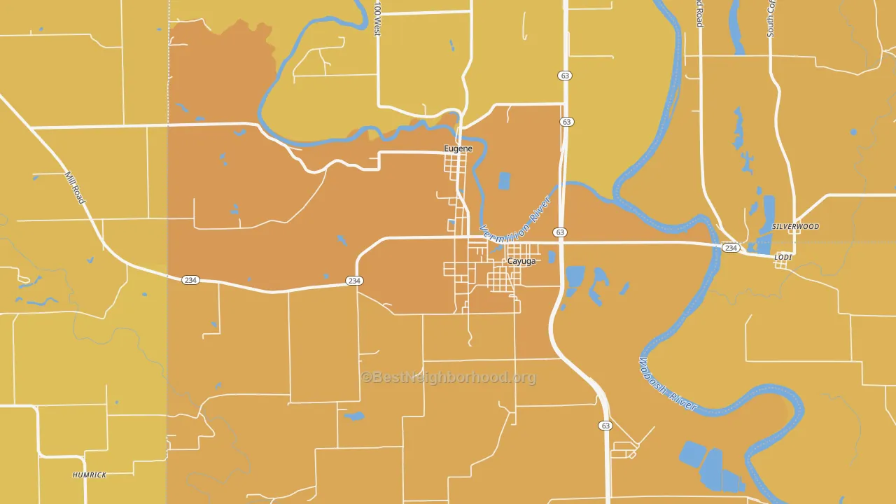 Map of the best neighborhoods in the 47928 area, with better matches in green and worse matches in red