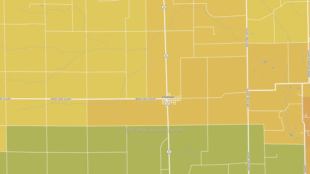 Map of the best neighborhoods in the 47929 area, with better matches in green and worse matches in red