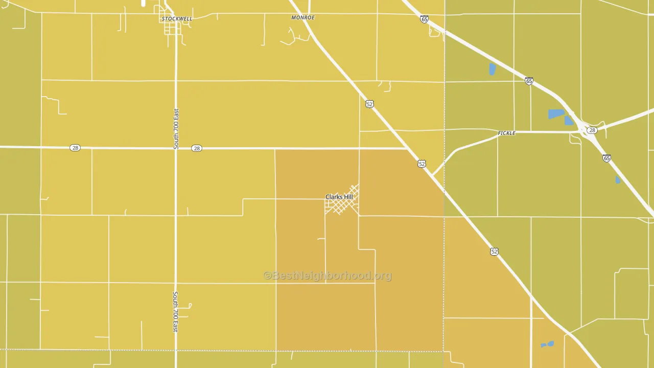 Map of the best neighborhoods in the 47930 area, with better matches in green and worse matches in red