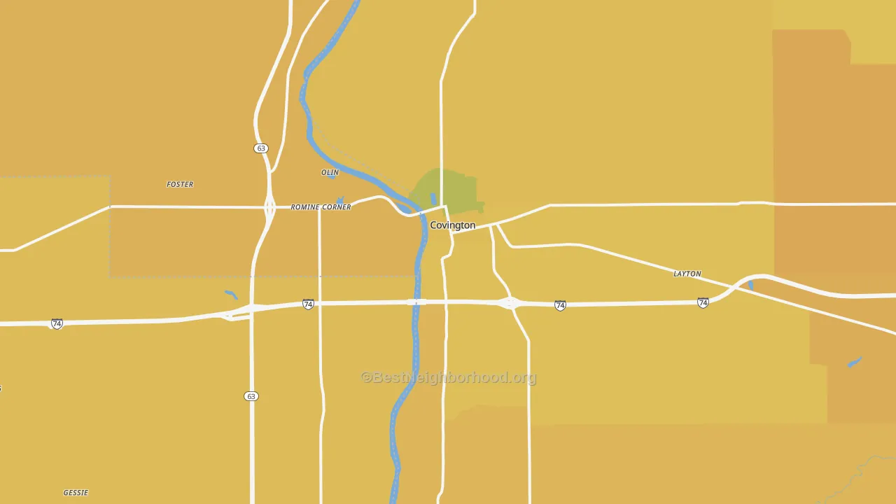 Map of the best neighborhoods in the 47932 area, with better matches in green and worse matches in red