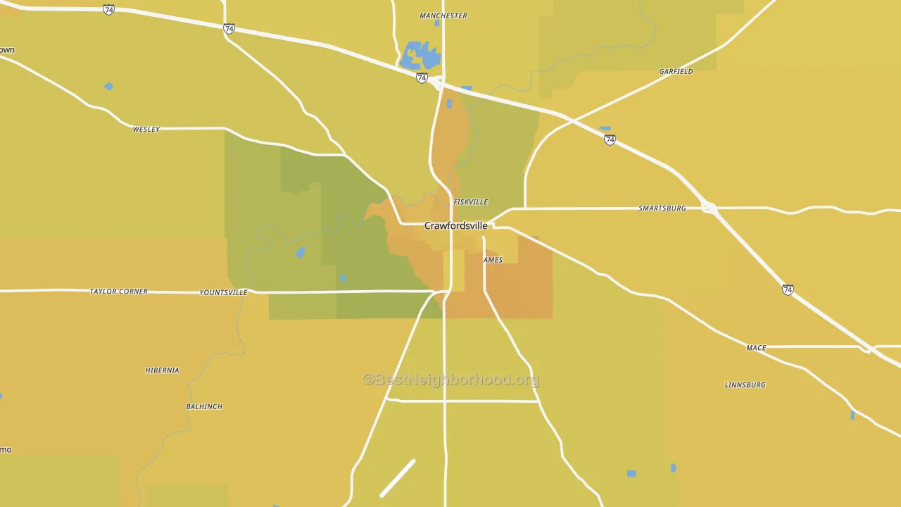Map of the best neighborhoods in the 47933 area, with better matches in green and worse matches in red