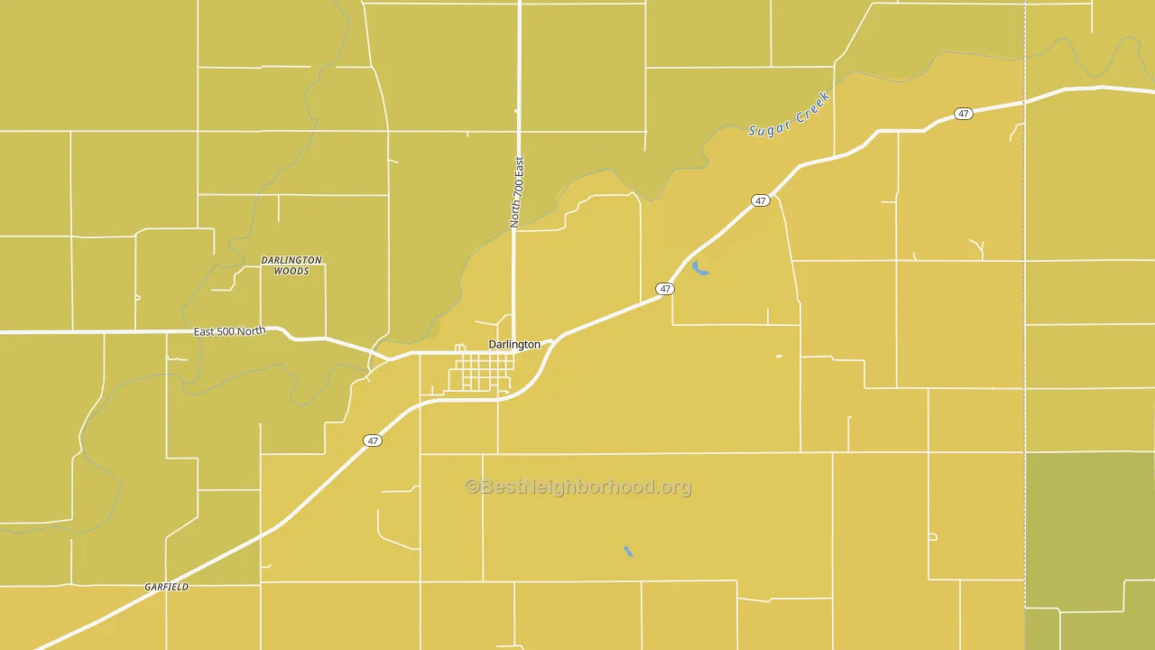 Map of the best neighborhoods in the 47940 area, with better matches in green and worse matches in red