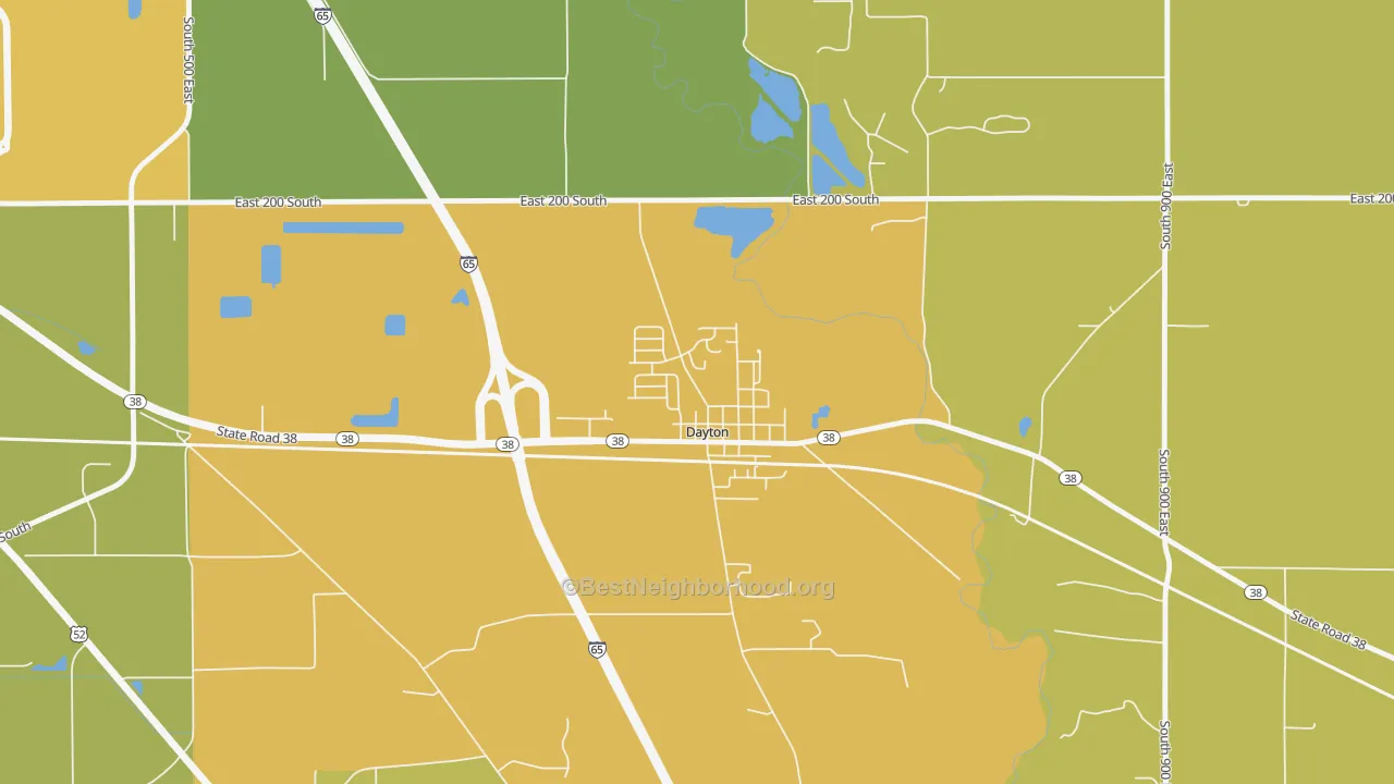 Map of the best neighborhoods in the 47941 area, with better matches in green and worse matches in red