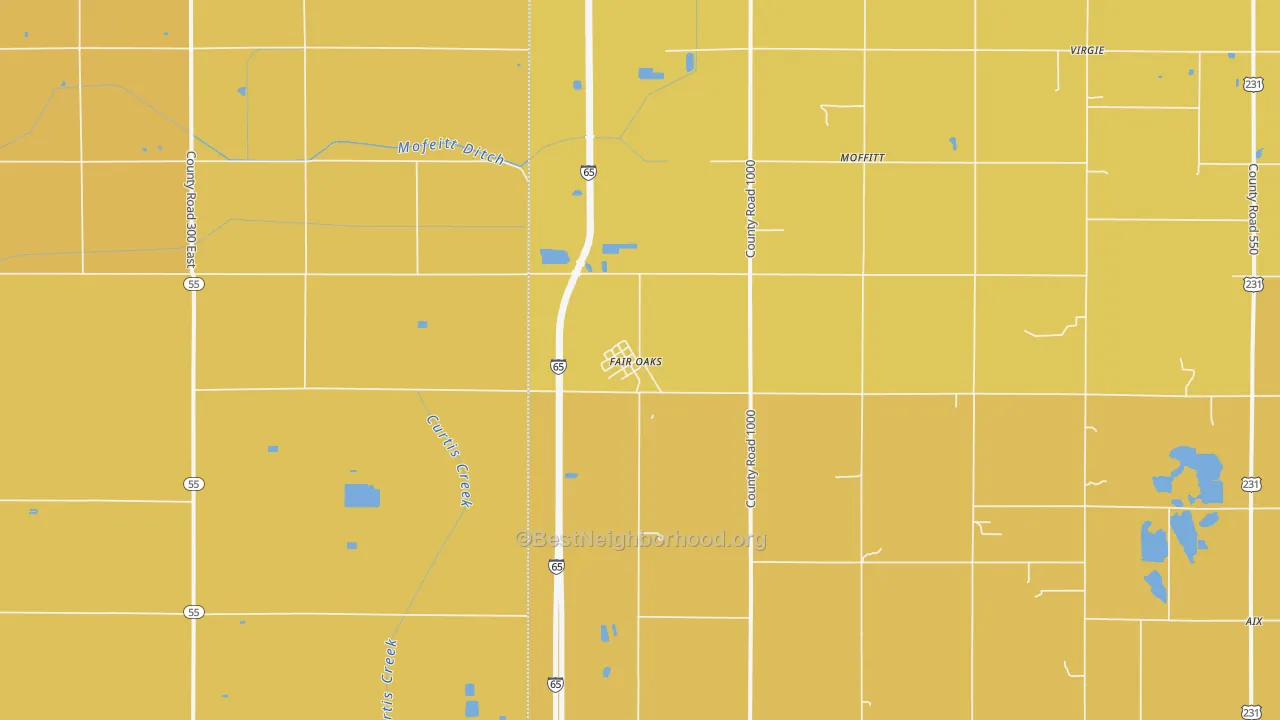 Map of the best neighborhoods in the 47943 area, with better matches in green and worse matches in red