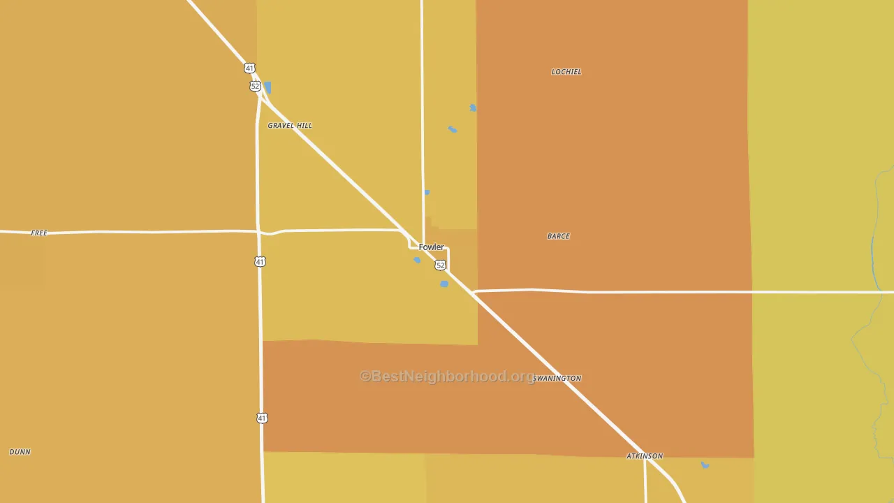 Map of the best neighborhoods in the 47944 area, with better matches in green and worse matches in red