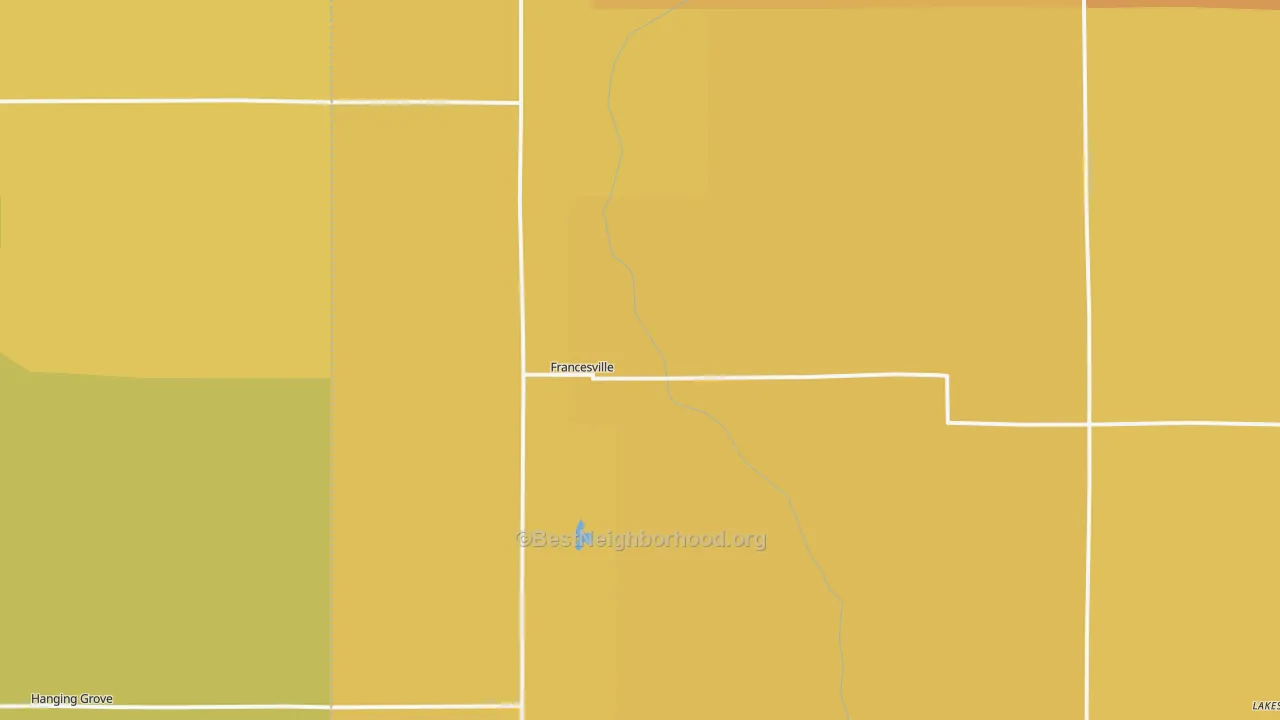 Map of the best neighborhoods in the 47946 area, with better matches in green and worse matches in red