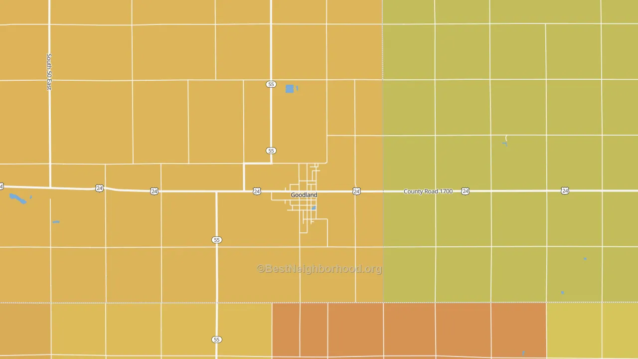 Map of the best neighborhoods in the 47948 area, with better matches in green and worse matches in red