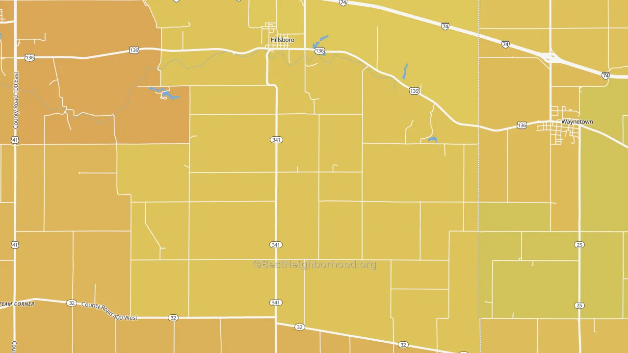 Map of the best neighborhoods in the 47949 area, with better matches in green and worse matches in red