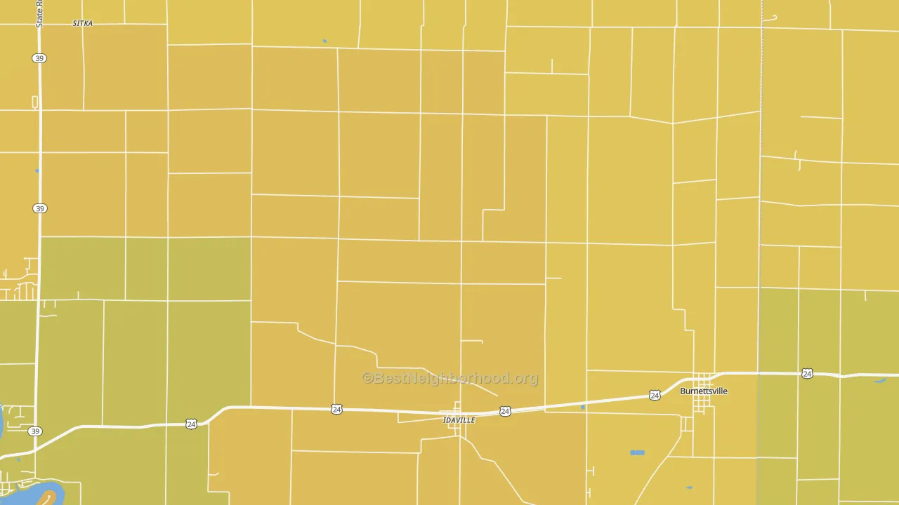 Map of the best neighborhoods in the 47950 area, with better matches in green and worse matches in red