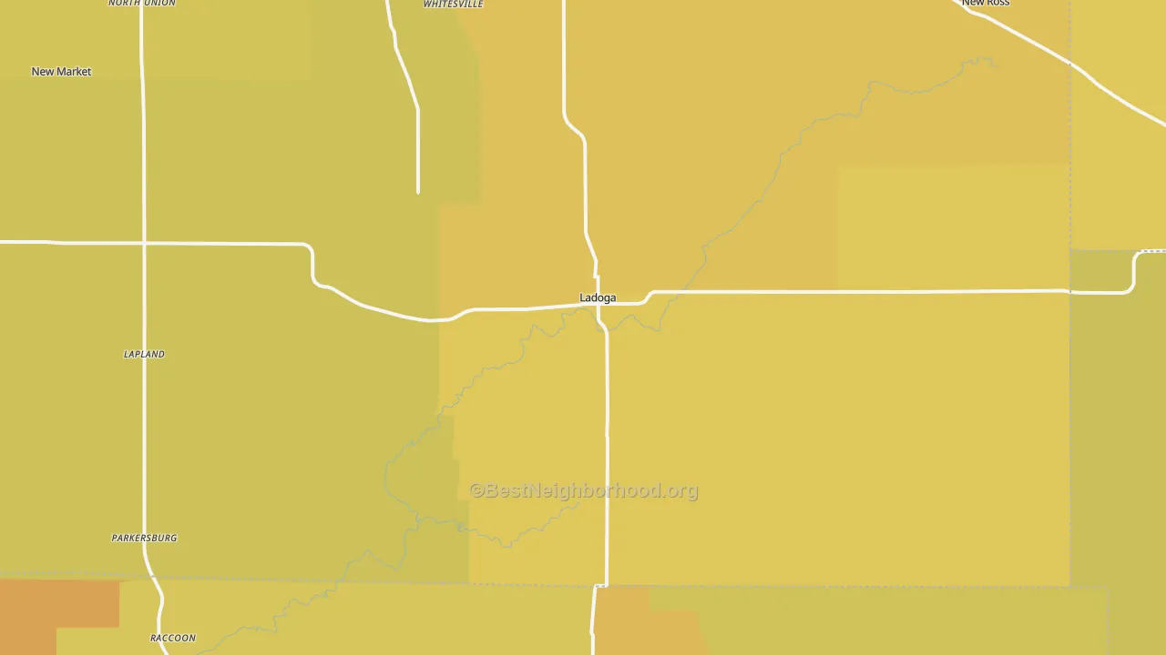 Map of the best neighborhoods in the 47954 area, with better matches in green and worse matches in red