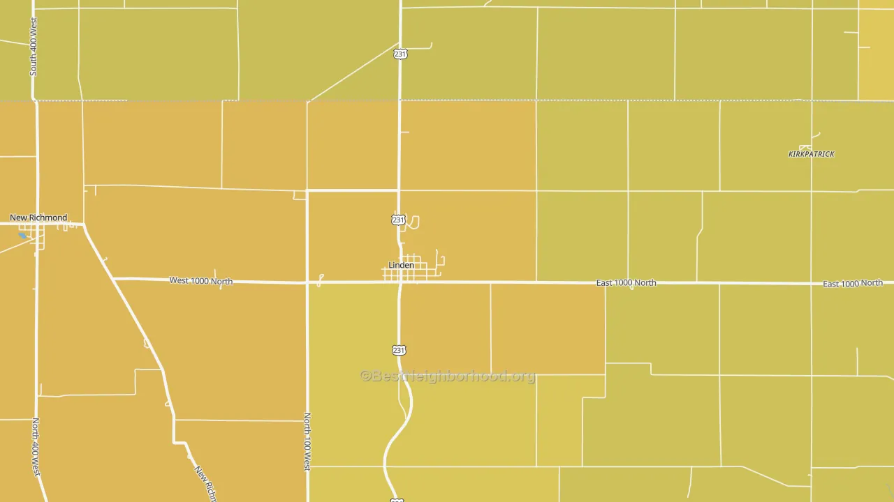 Map of the best neighborhoods in the 47955 area, with better matches in green and worse matches in red