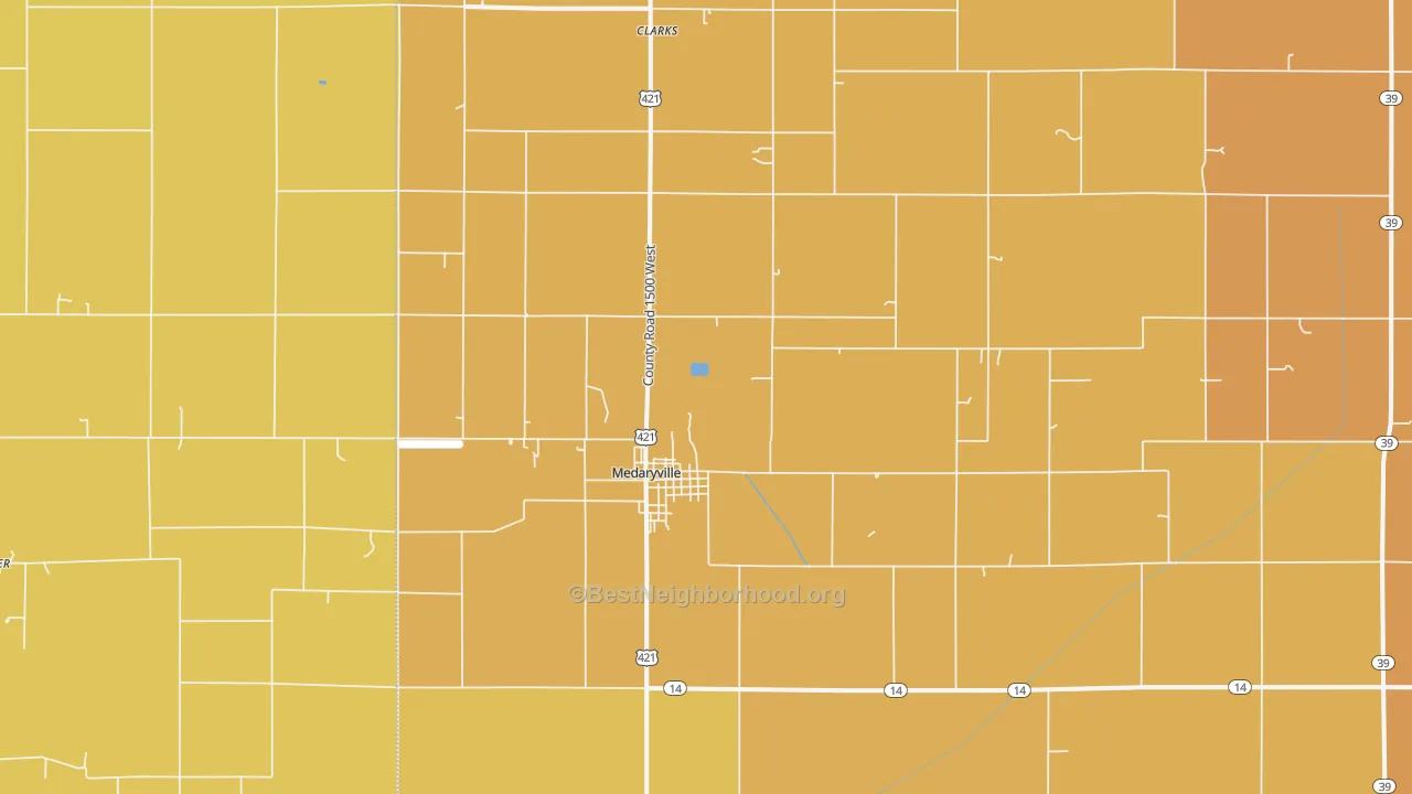 Map of the best neighborhoods in the 47957 area, with better matches in green and worse matches in red