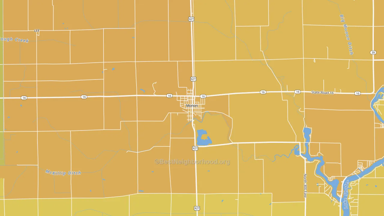 Map of the best neighborhoods in the 47959 area, with better matches in green and worse matches in red