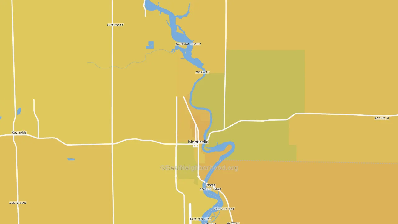 Map of the best neighborhoods in the 47960 area, with better matches in green and worse matches in red