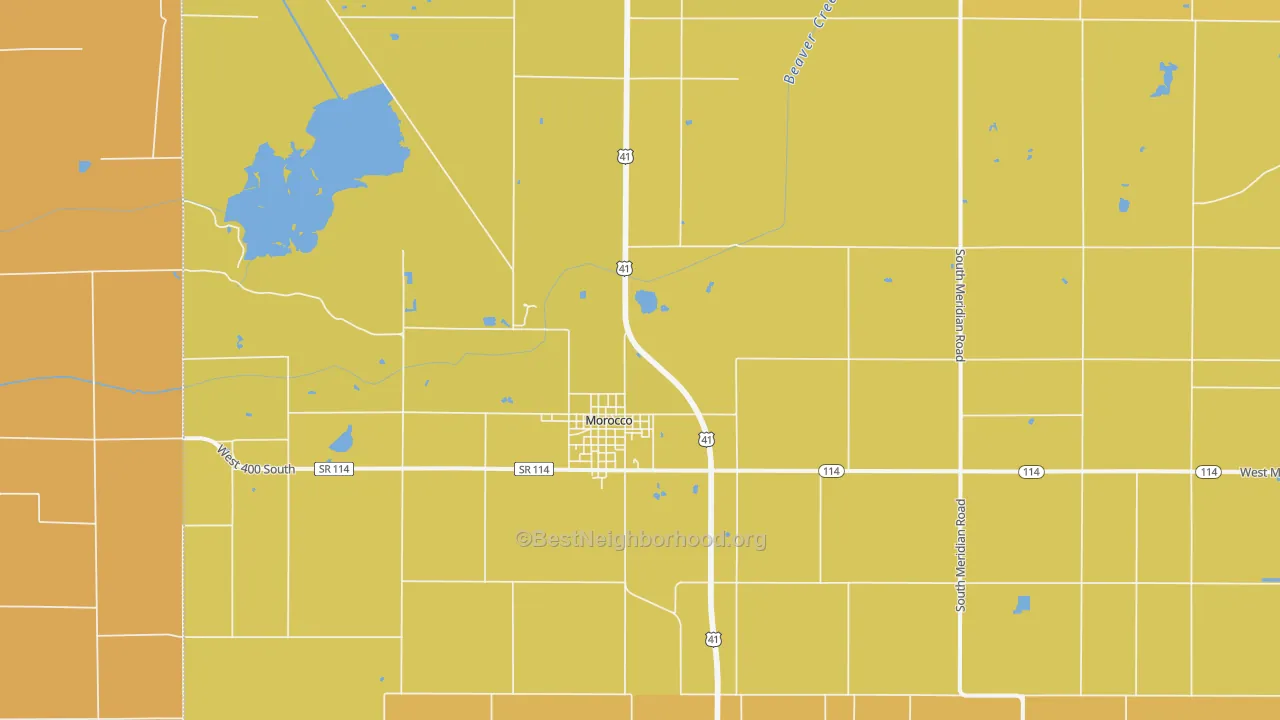 Map of the best neighborhoods in the 47963 area, with better matches in green and worse matches in red