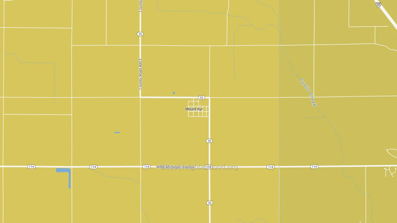 Map of the best neighborhoods in the 47964 area, with better matches in green and worse matches in red