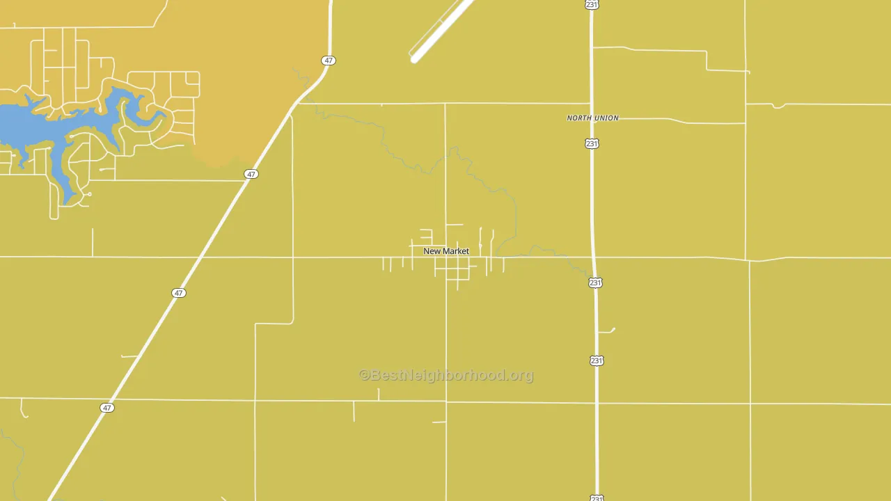 Map of the best neighborhoods in the 47965 area, with better matches in green and worse matches in red