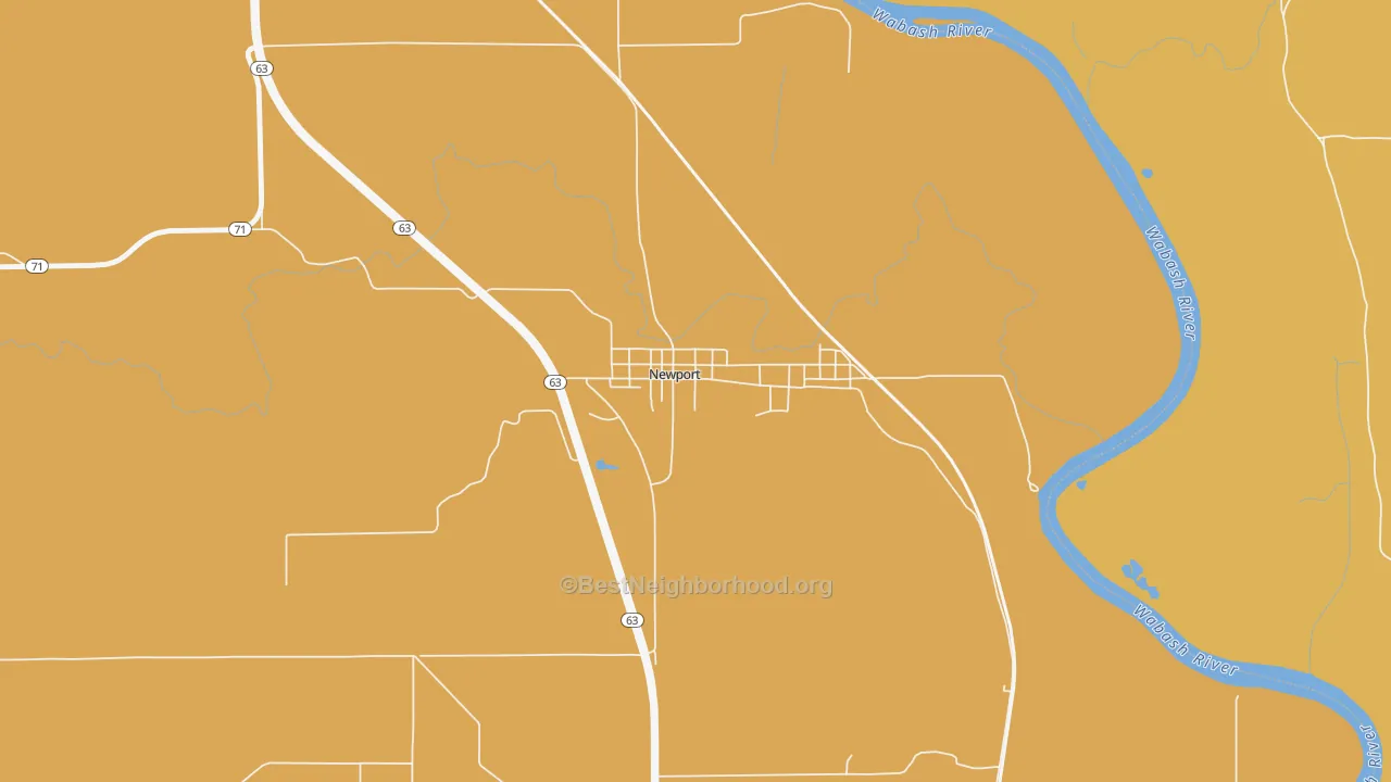 Map of the best neighborhoods in the 47966 area, with better matches in green and worse matches in red