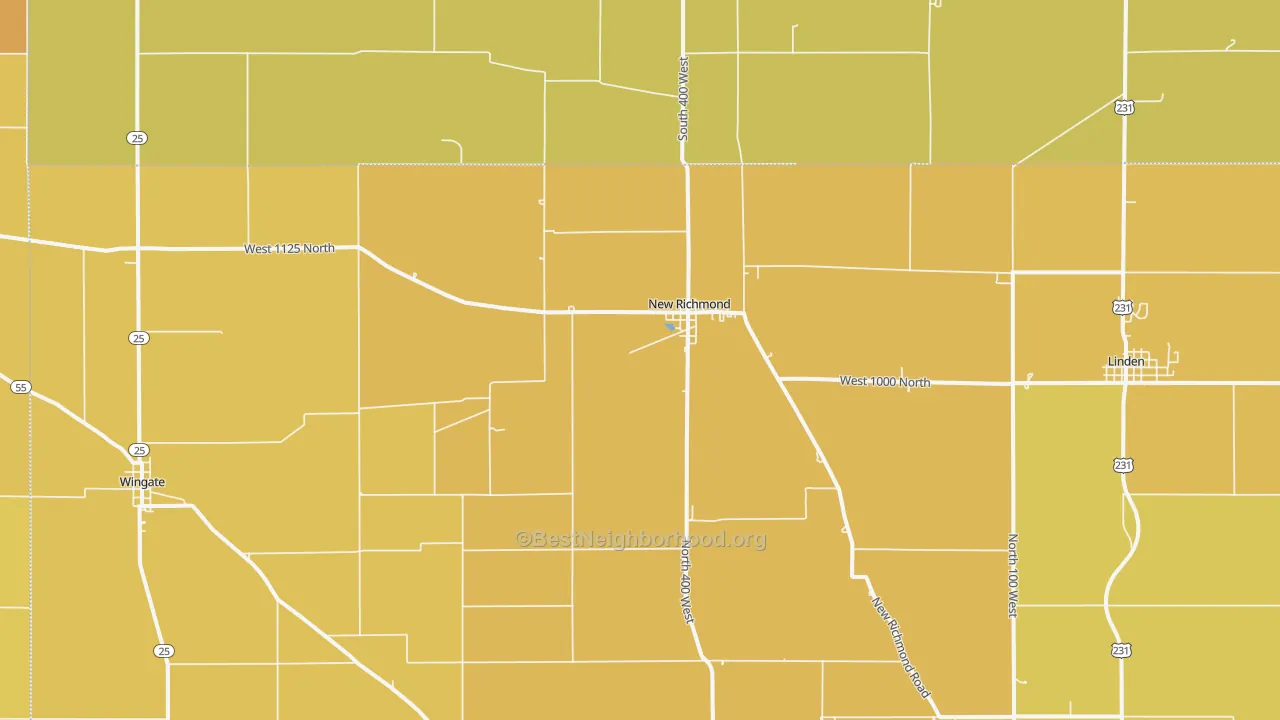 Map of the best neighborhoods in the 47967 area, with better matches in green and worse matches in red