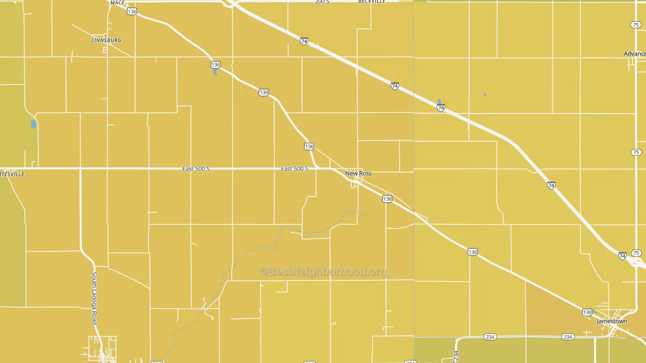 Map of the best neighborhoods in the 47968 area, with better matches in green and worse matches in red
