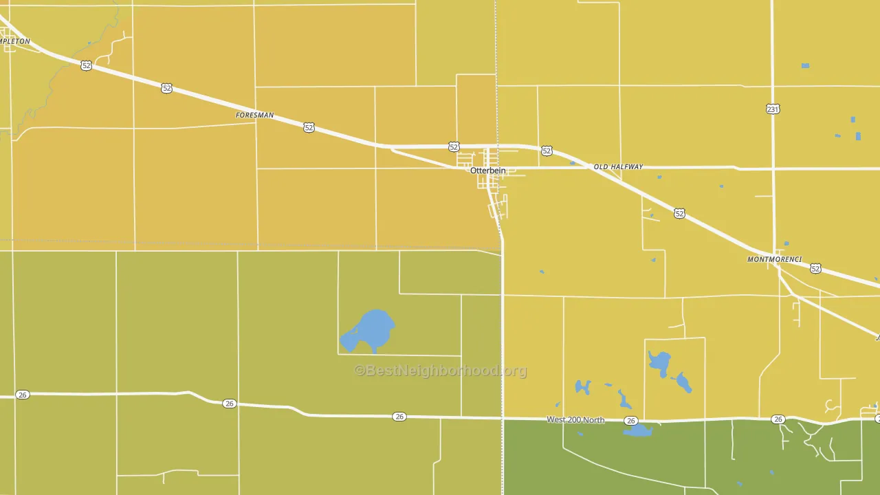 Map of the best neighborhoods in the 47970 area, with better matches in green and worse matches in red