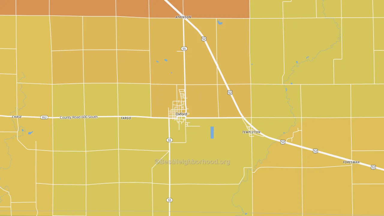 Map of the best neighborhoods in the 47971 area, with better matches in green and worse matches in red