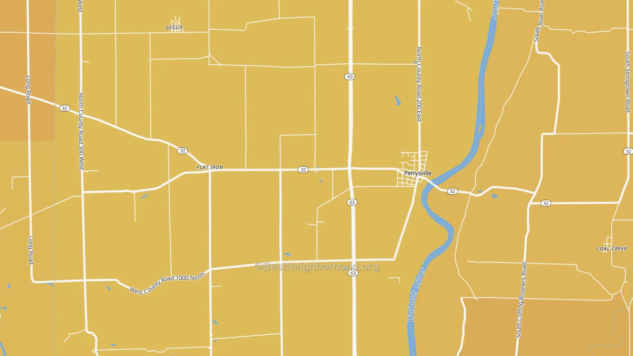 Map of the best neighborhoods in the 47974 area, with better matches in green and worse matches in red