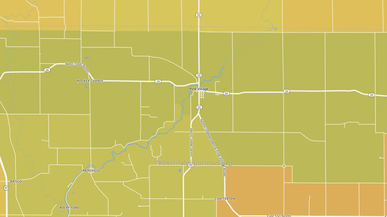 Map of the best neighborhoods in the 47975 area, with better matches in green and worse matches in red