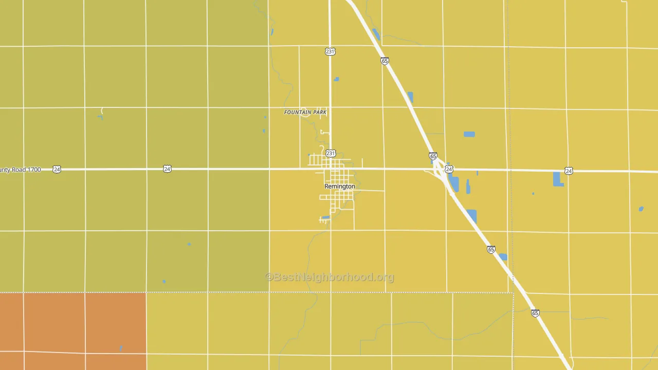 Map of the best neighborhoods in the 47977 area, with better matches in green and worse matches in red