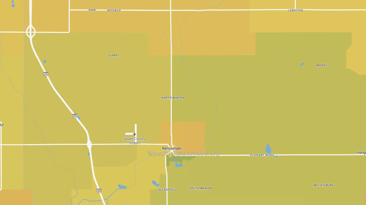Map of the best neighborhoods in the 47978 area, with better matches in green and worse matches in red