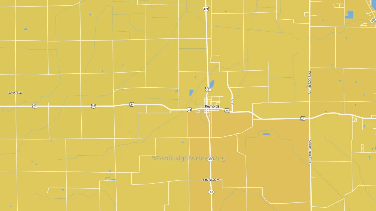 Map of the best neighborhoods in the 47980 area, with better matches in green and worse matches in red